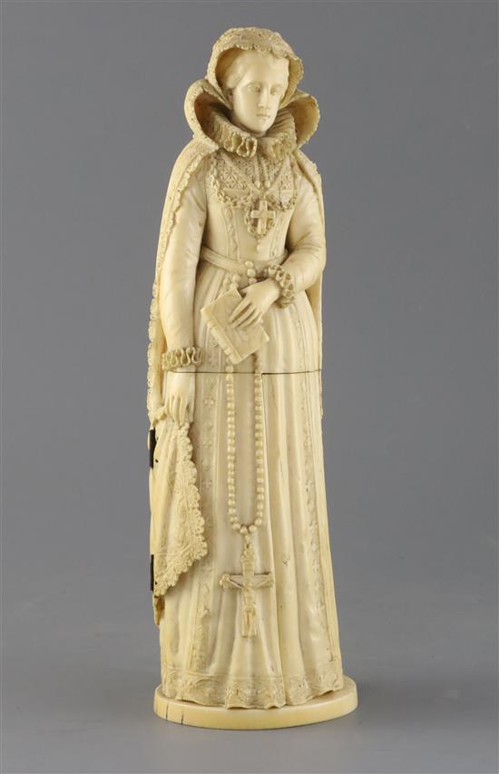 A 19th century Dieppe ivory triptych model of Mary Queen of Scots, H.12in.